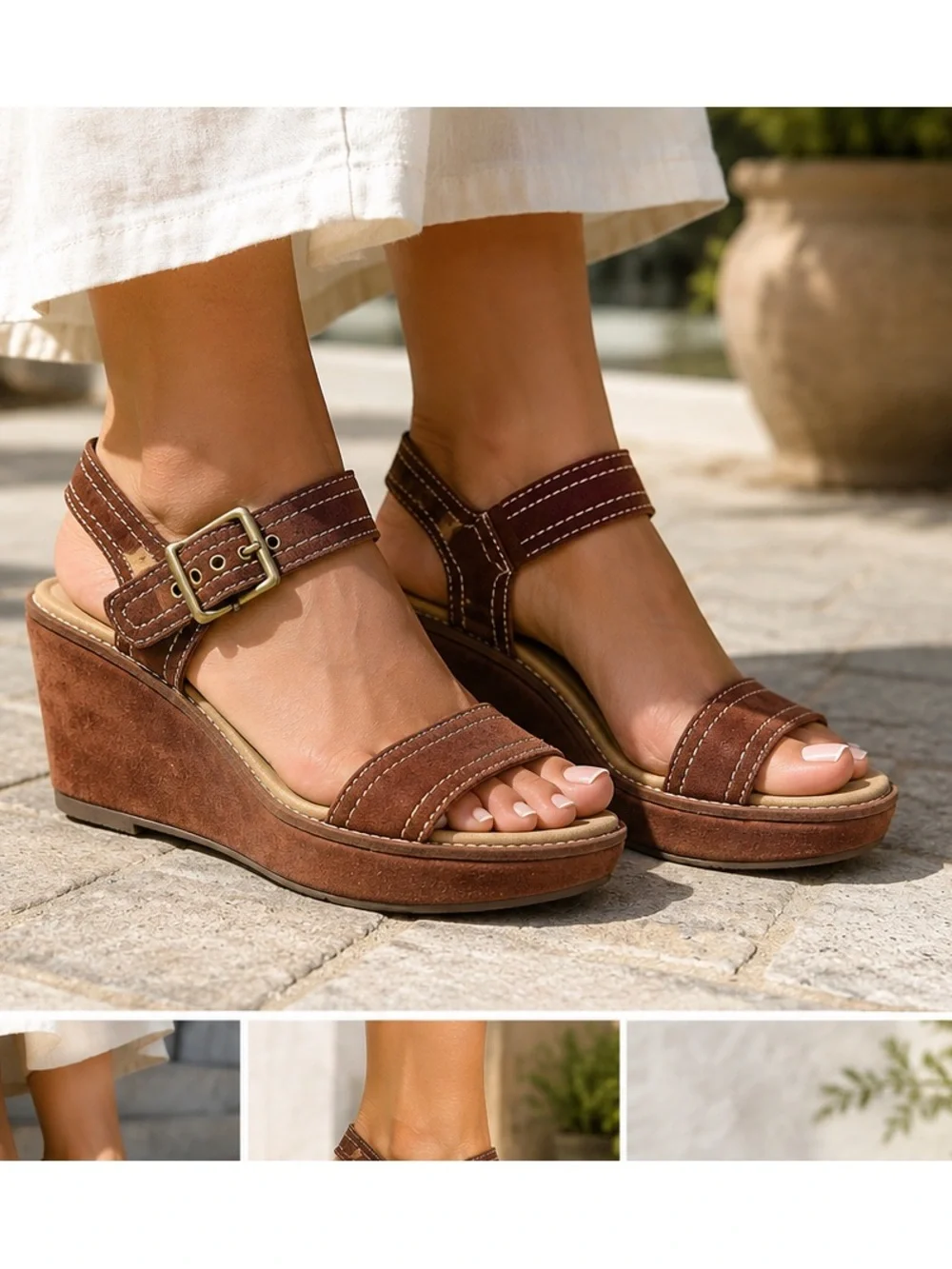 Clarks Brown Suede Ankle-Strap Wedge Sandals 11M